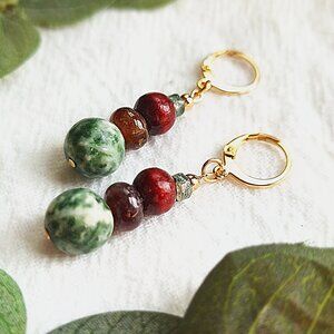 Jasper & Wood Beaded Earrings, Natural Hippie Earrings, Rustic Crystal Stack